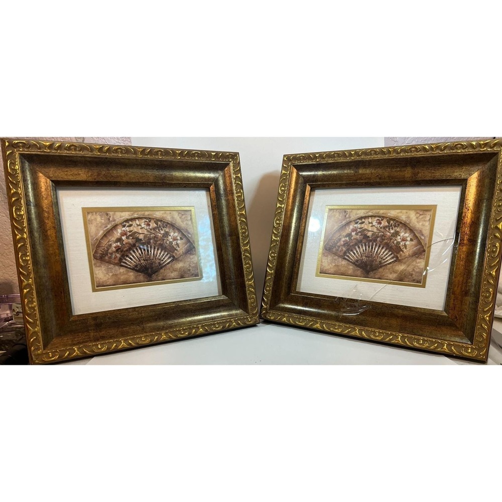 Vtg Dble Matted Hang‎ or Stand Floral Fan Prints Ornate Gilded Wood FramesREAD